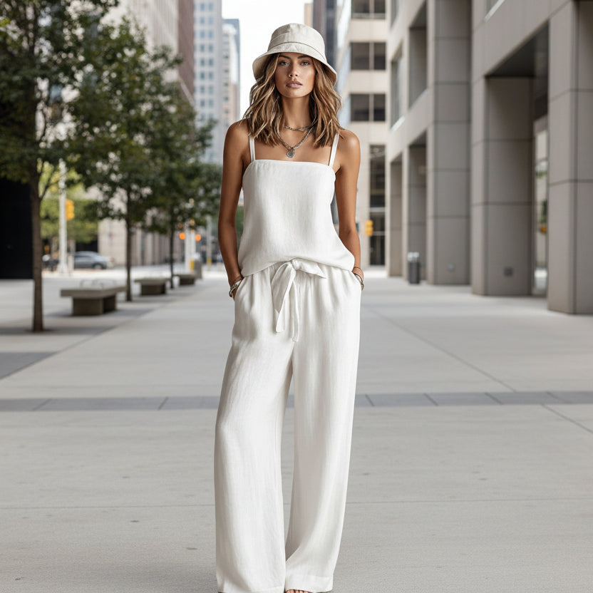 Women's casual FitiqueFit spaghetti strap cami top and wide-leg pants two-piece set, featuring a relaxed fit and stylish design.