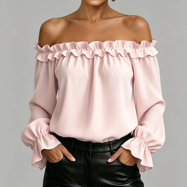 Women's ruffle off-shoulder blouse with 3/4 sleeves from Plush Fashion Hub, featuring elegant design and feminine style.