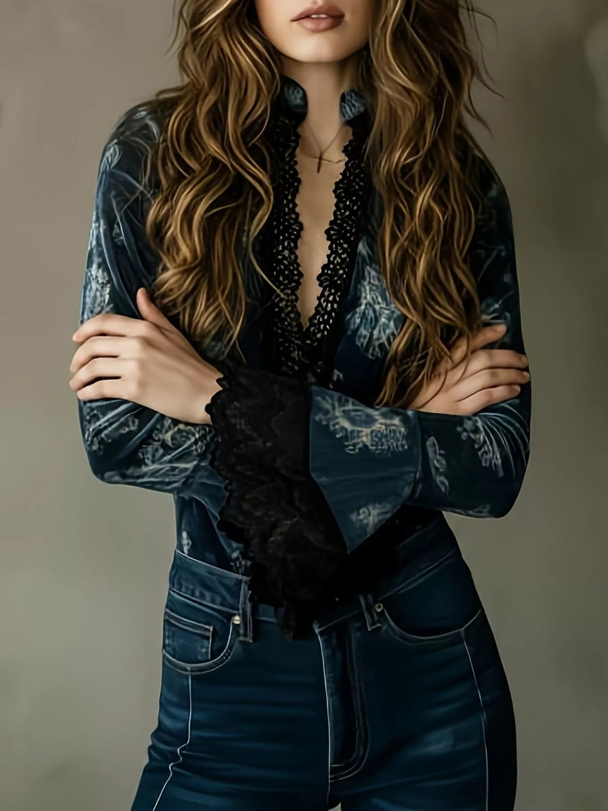 Lace trim flare sleeves blouse by Trendsi, featuring feminine lace details and flowing silhouette, shown in a stylish women's top image.