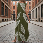 Printed V-neck sleeveless high-waist maxi dress by FitiqueFit in three colors, featuring a flowy design and flattering fit.