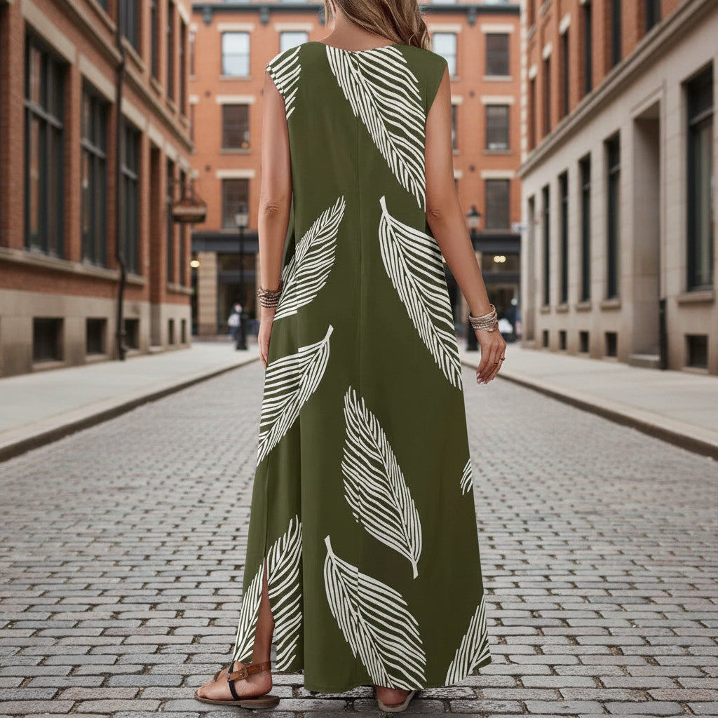 Printed V-neck sleeveless high-waist maxi dress by FitiqueFit in three colors, featuring a flowy design and flattering fit.