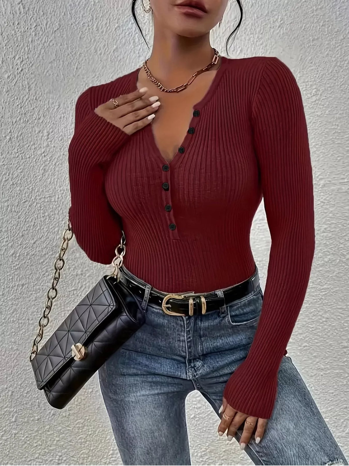 Simply Love ribbed knit button front top featuring a fitted design and long sleeves, perfect for casual or layered outfits.