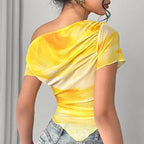 Women’s tie-dye one-shoulder mesh ruched top from Plush Fashion Hub, featuring asymmetrical stretch design for stylish casual wear.