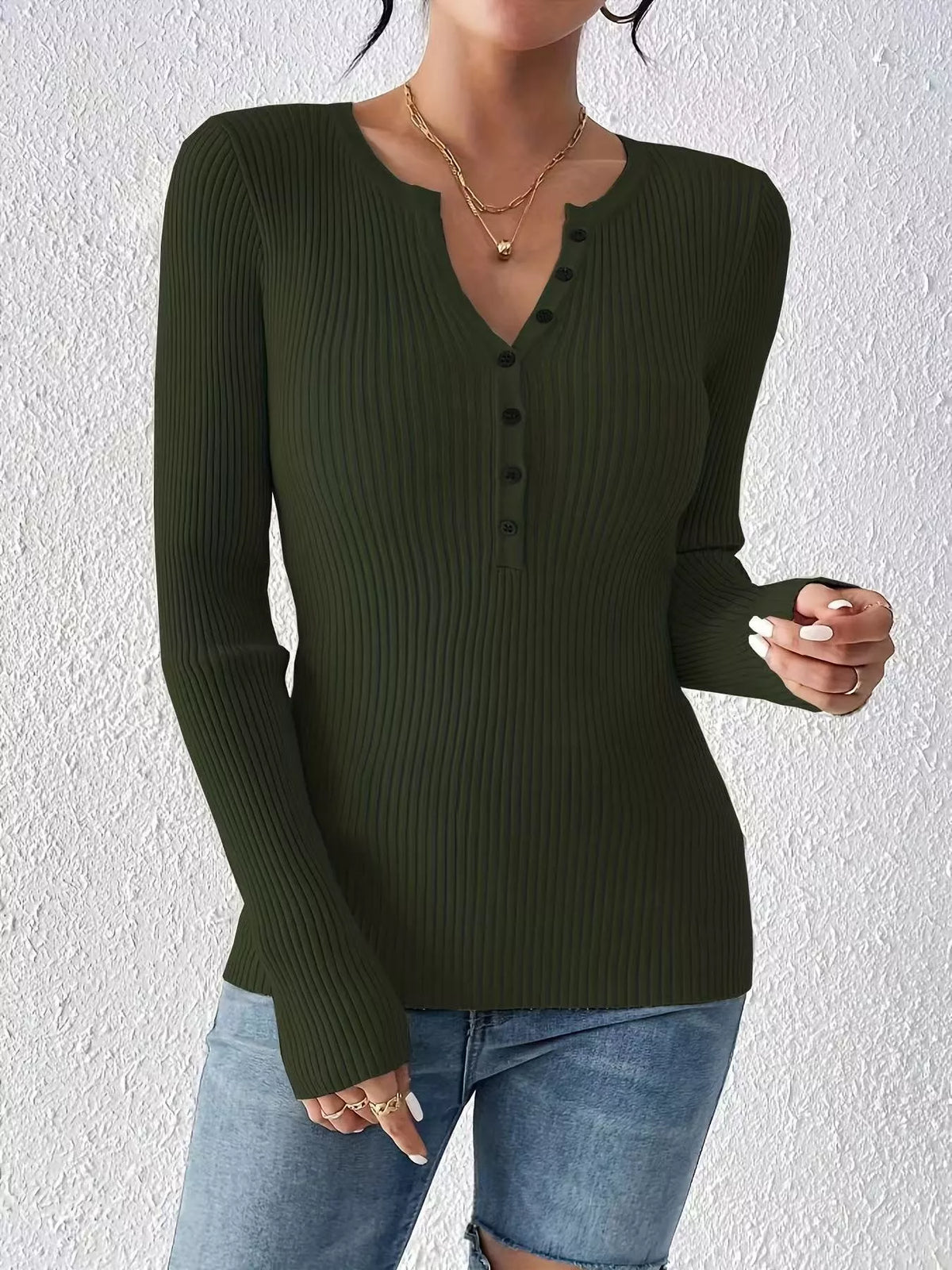 Simply Love ribbed knit button-front knit top, showcasing a fitted design with a V-neck and long sleeves.