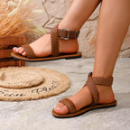 Shopimist woven strap buckle sandals with adjustable ankle straps and cushioned soles, perfect for casual summer wear.
