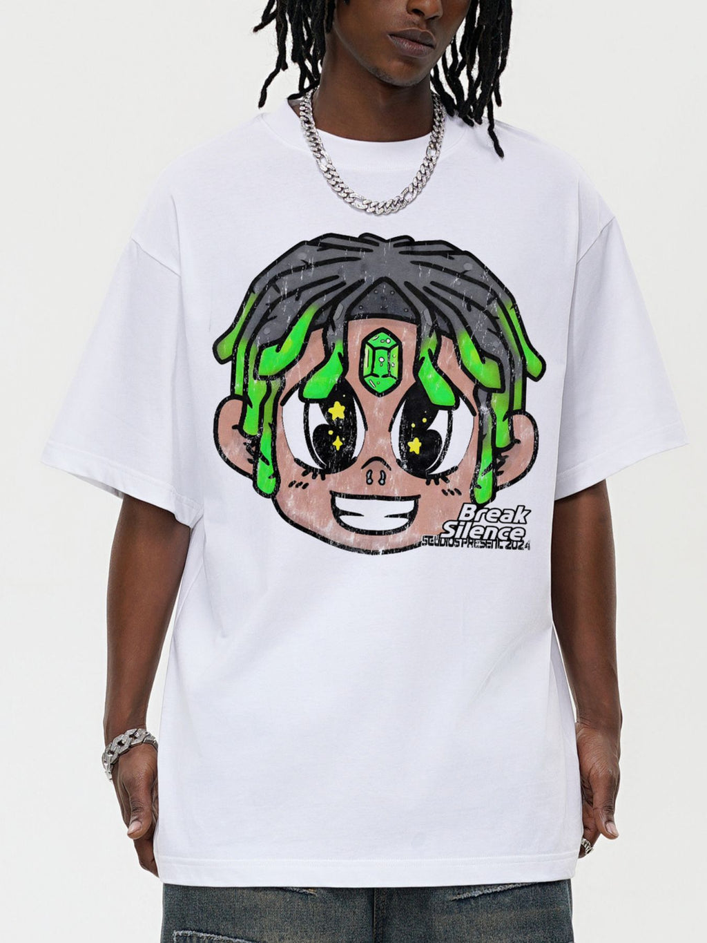 Men's oversized cotton-blend streetwear T-shirt with cartoon graphic design, by Plush Fashion Hub, showcasing a bold, colorful print.