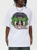 Men's oversized cotton-blend streetwear T-shirt with cartoon graphic design, by Plush Fashion Hub, showcasing a bold, colorful print.