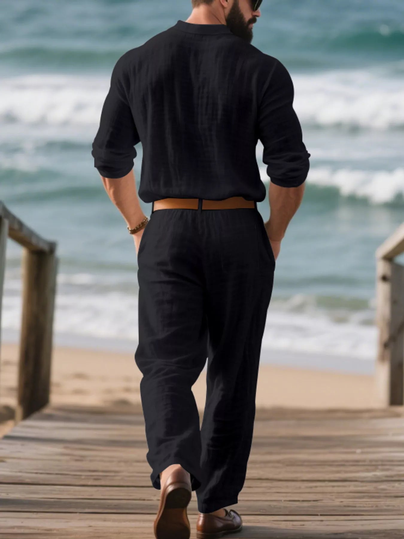 Plus size men's long sleeve top and pants set by Shopimist, featuring a comfortable full-size casual loungewear outfit.