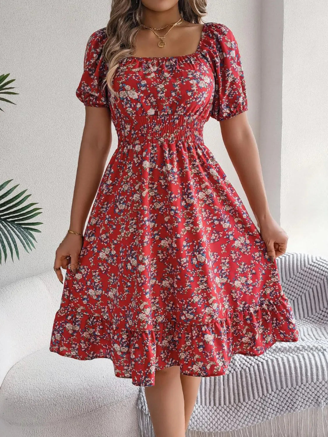 Shopimist floral puff sleeve dress with ruffled hem, featuring a feminine silhouette and delicate floral pattern.