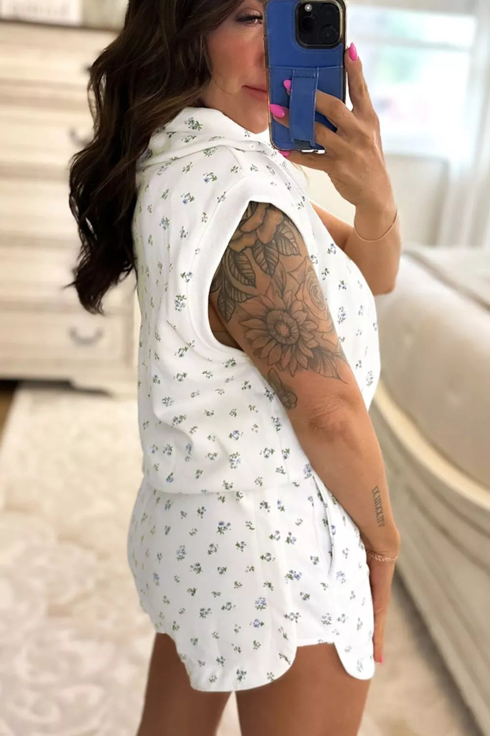 Floral print half zip top and matching short set by Shopimist, featuring vibrant designs and comfortable fit.