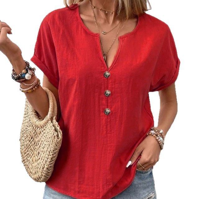 Women's buttoned V-neck short-sleeve T-shirt top by Plush Fashion Hub, featuring a fitted design and soft fabric in a casual style.