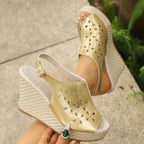 Shopimist peep toe wedge sandals with ankle straps, tan leather, and chunky heel, perfect for casual summer wear.