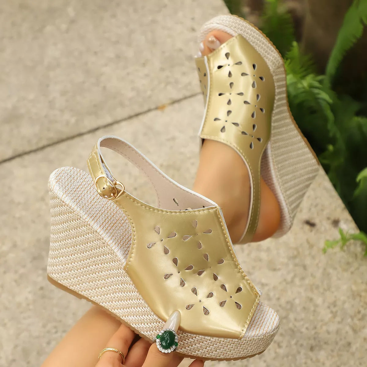 Shopimist peep toe wedge sandals with ankle straps, tan leather, and chunky heel, perfect for casual summer wear.