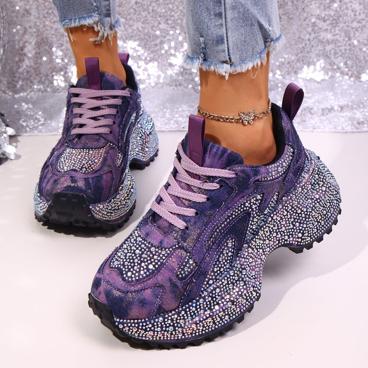 Rhinestone lace-up sneaker sandal featuring sparkling rhinestones and stylish design, by Plush Fashion Hub.