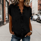 V-neck ruffle sleeve solid color linen blend top from FitiqueFit, casualwear with asymmetric design and relaxed fit.