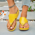 Shopimist toe post wedge sandals with tan straps and cork wedge heel, perfect for summer beachwear and casual outings.
