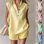 Women's casual sleeveless cardigan top and shorts set by FitiqueFit, featuring a relaxed fit and comfortable fabric.