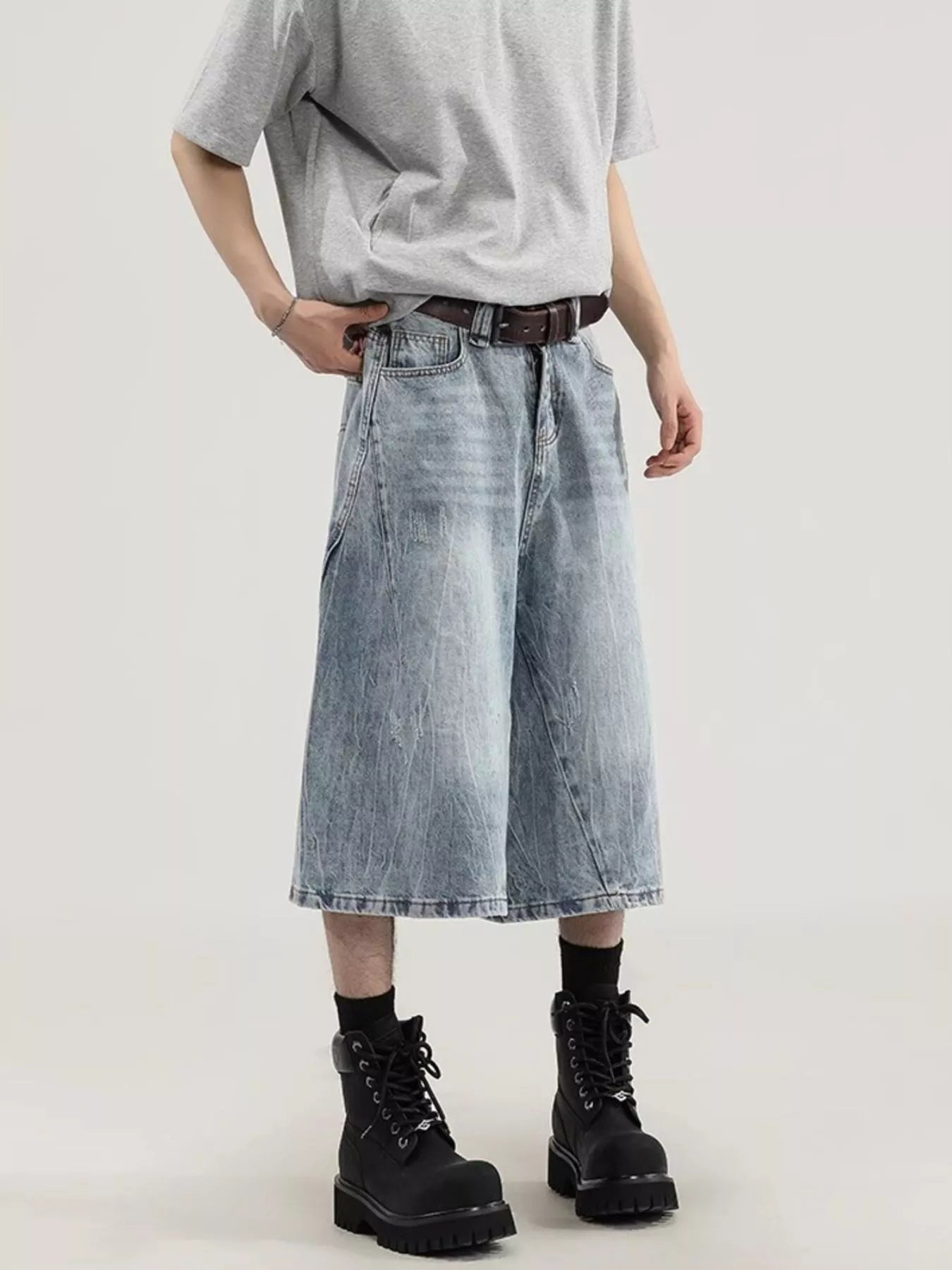 Plus size men's wide leg capris jeans by Plush Fashion Hub, showing relaxed fit and denim fabric in a front view.