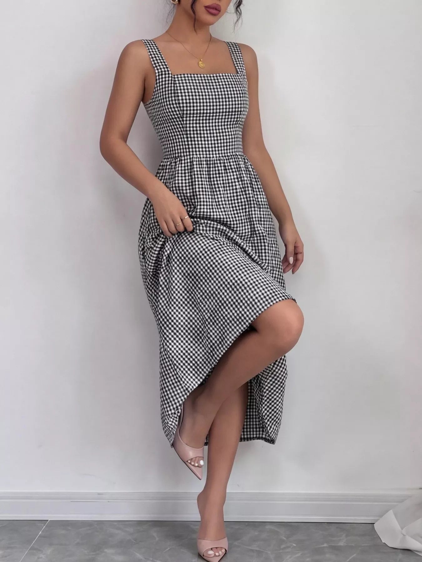 Square neck gingham midi dress by Plush Fashion Hub featuring a classic pattern and a stylish, feminine silhouette.
