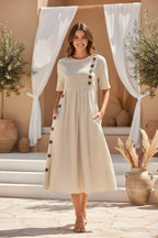 FitiqueFit button-down swing maxi dress with short sleeves, pocket detail, and pullover design, flowing long dress style.
