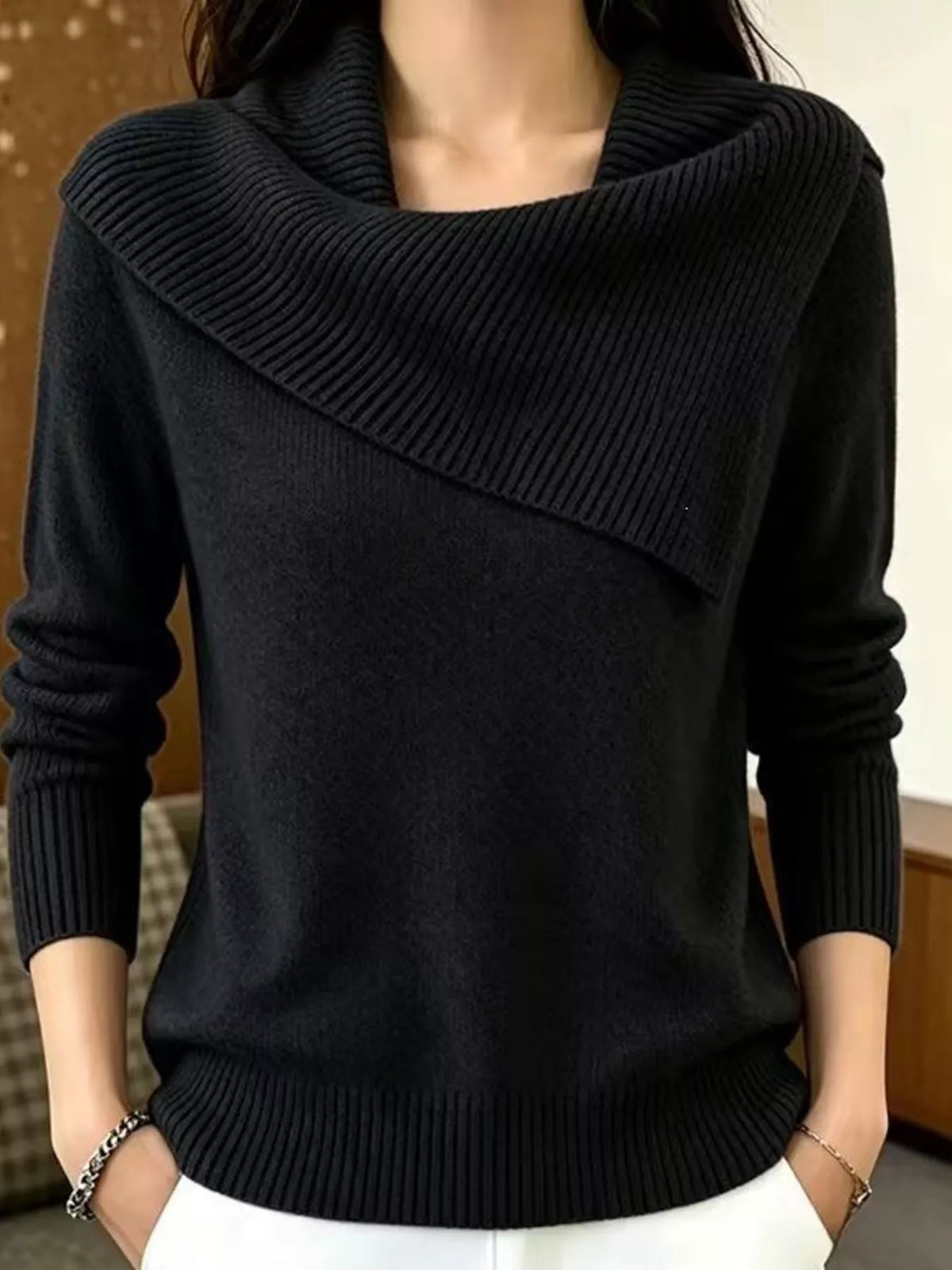 Plus size Trendsi asymmetric ribbed collar sweater featuring a full-size fit and stylish design, shown in the image.