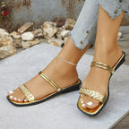 Shopimist rhinestone embellished flat sandals with open toe design and adjustable ankle straps on a neutral background.