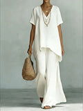 Plus size Shopimist V-neck top and wide-leg pants set, featuring a stylish, comfortable matching outfit.