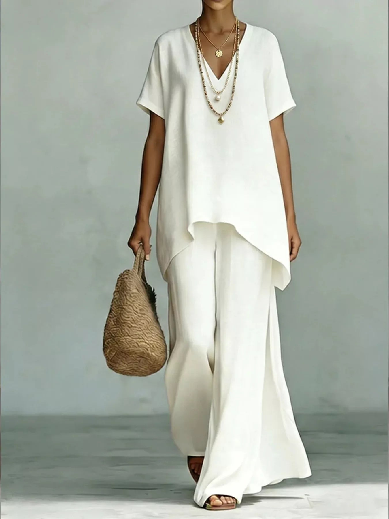 Plus size v-neck top and wide-leg pants set from Plush Fashion Hub, stylish two-piece outfit for a comfortable, fashionable look.