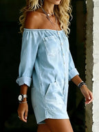 Plus size Shopimist off-shoulder button-down romper with front buttons and short sleeves, displayed on a model.