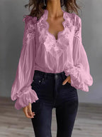 Lace-panel puff sleeve pleated ruffle ballet-style shirt from Plush Fashion Hub, featuring delicate lace details and elegant design.
