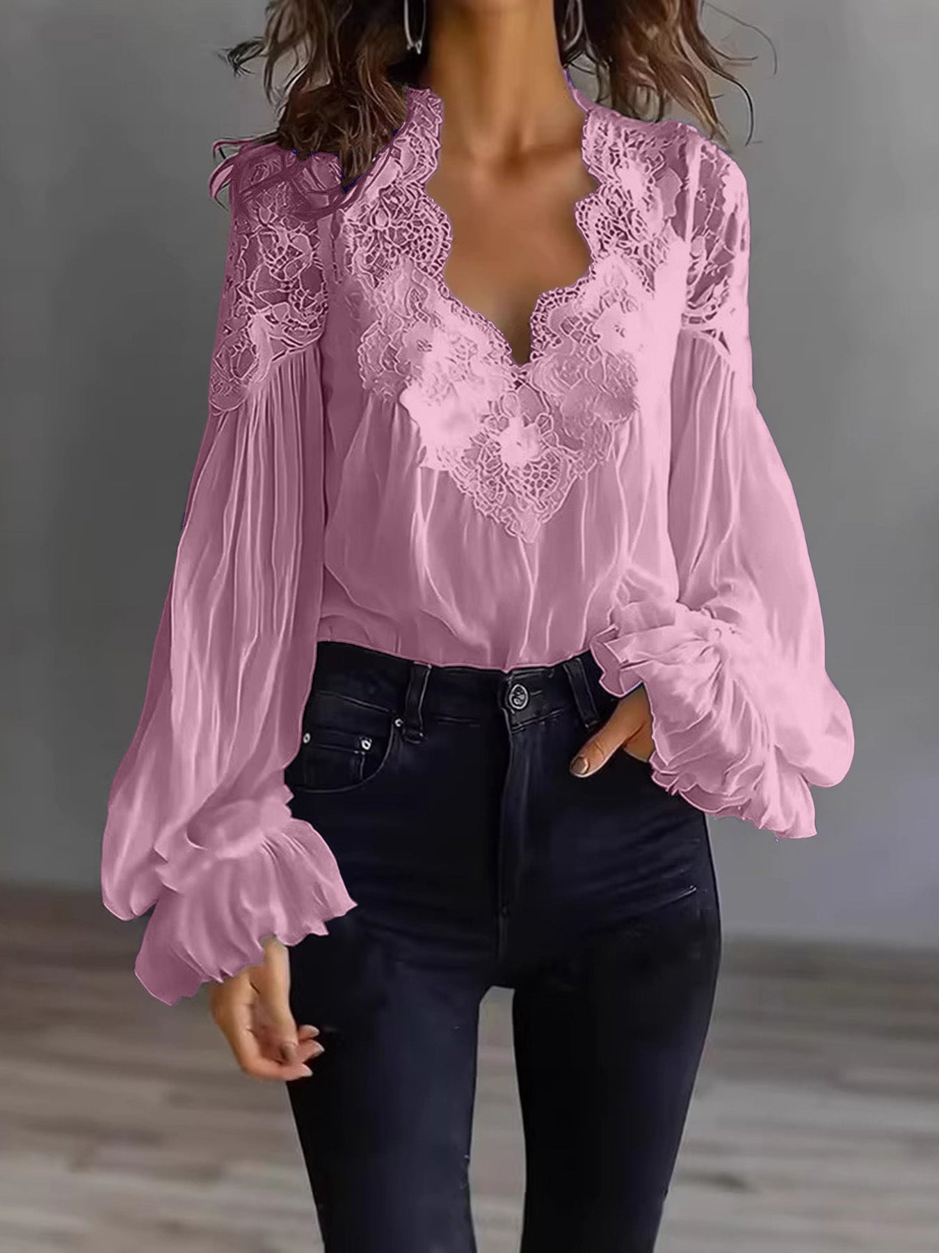 Lace-panel puff sleeve pleated ruffle ballet-style shirt from Plush Fashion Hub, featuring delicate lace details and elegant design.