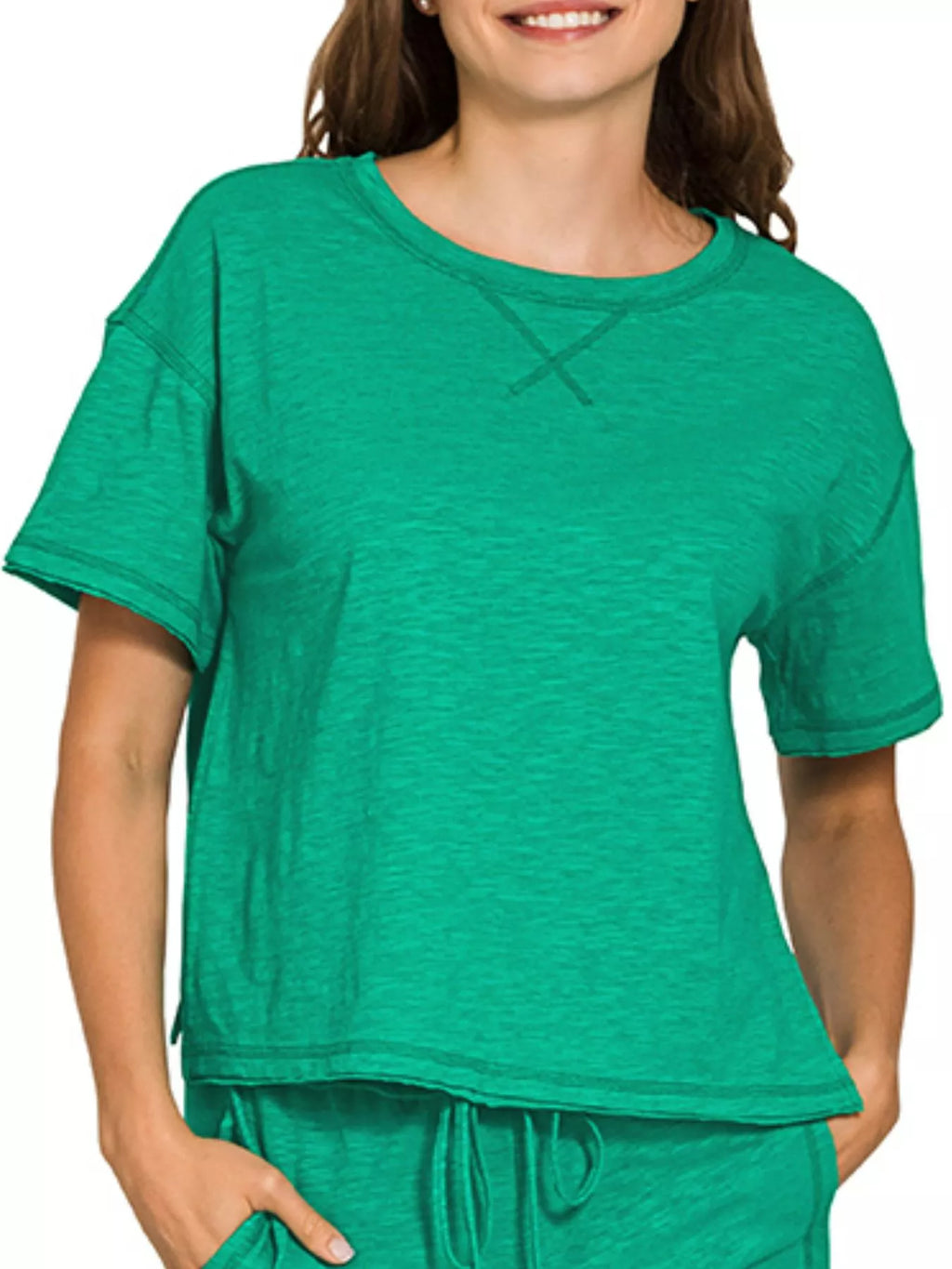 Women's cotton slub short sleeve tee and pants loungewear set by Trendsi, featuring a relaxed fit and comfortable fabric.
