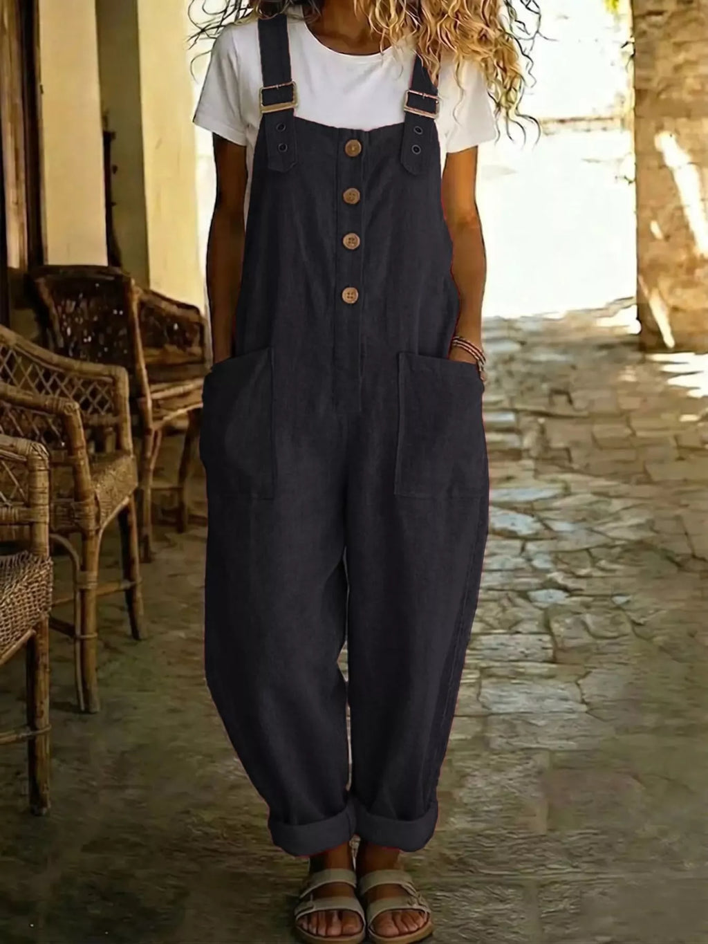 Casual button-front wide-leg overalls by Shopimist, featuring a relaxed fit and adjustable straps, styled on a model.