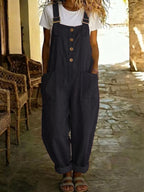 Casual button-front wide-leg overalls by Shopimist, featuring a relaxed fit and adjustable straps, styled on a model.
