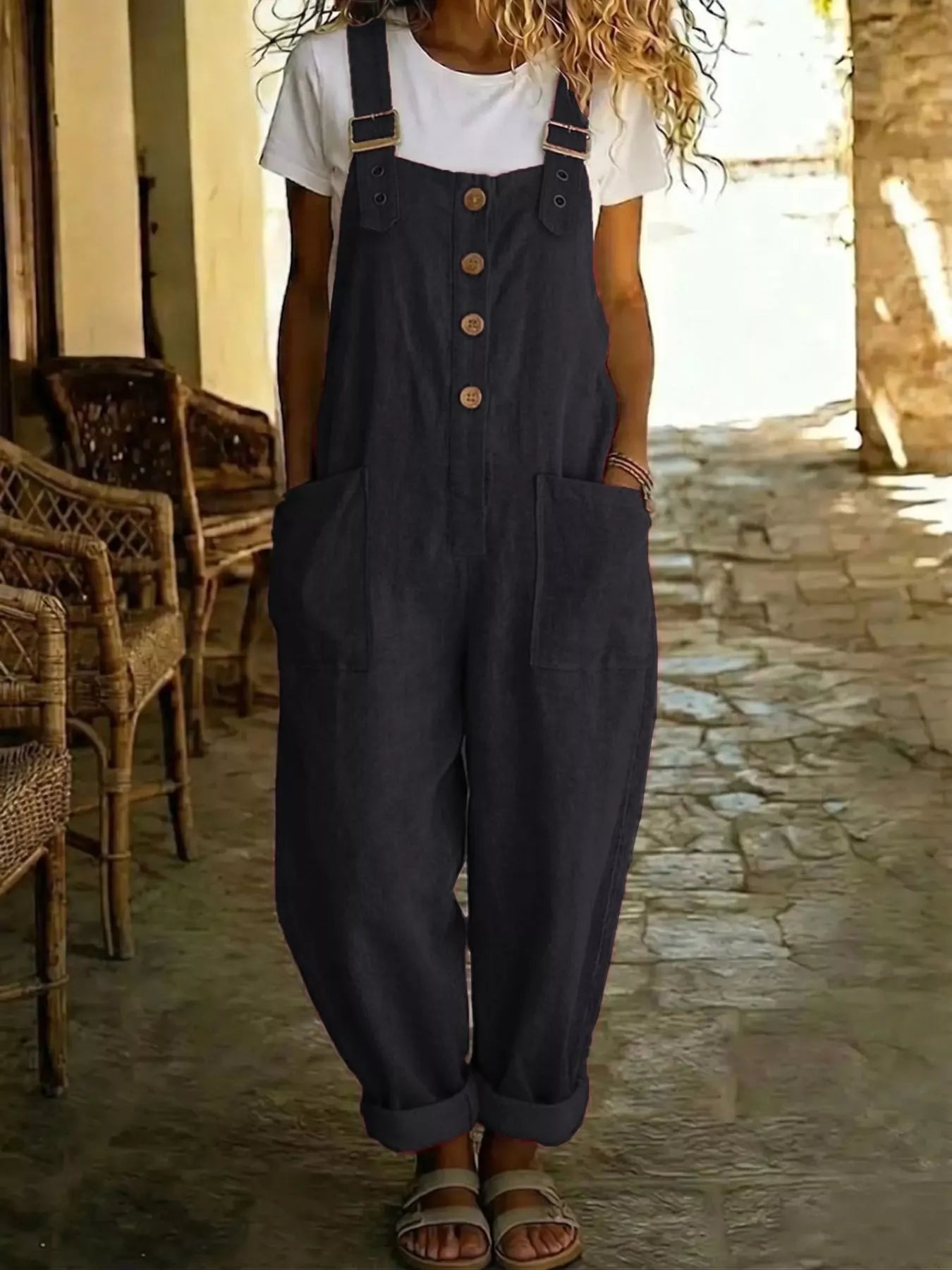 Casual button-front wide-leg overalls by Shopimist, featuring a relaxed fit and adjustable straps, styled on a model.