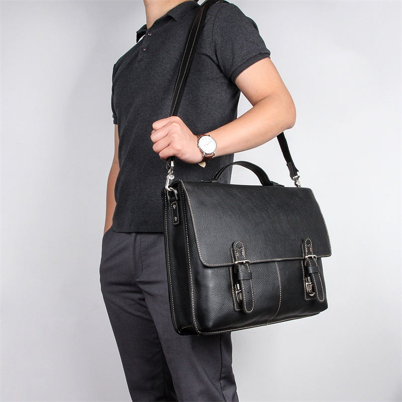 Men's retro casual leather business briefcase by Plush Fashion Hub, showing a classic brown leather design with sturdy handles.