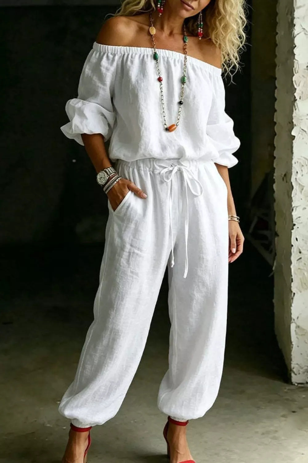 Plus size off-shoulder top and pants set by Plush Fashion Hub, stylish and comfortable full-size fashion ensemble.
