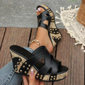 Shopimist open toe wedge sandals showing tan leather straps and chunky cork wedge heel on a neutral background.