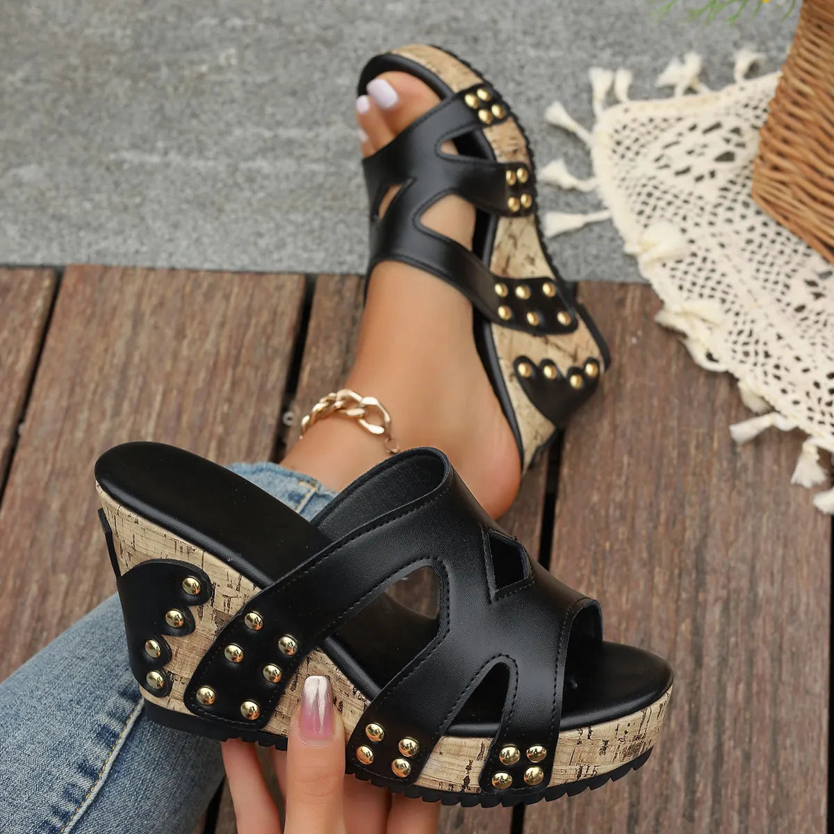 Shopimist open toe wedge sandals showing tan leather straps and chunky cork wedge heel on a neutral background.