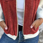 Women's denim patchwork zip-up jacket by FitiqueFit, casualwear with mixed fabric patches and front zipper closure.