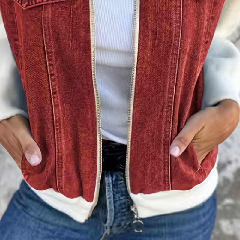 Women's denim patchwork zip-up jacket by FitiqueFit, casualwear with mixed fabric patches and front zipper closure.