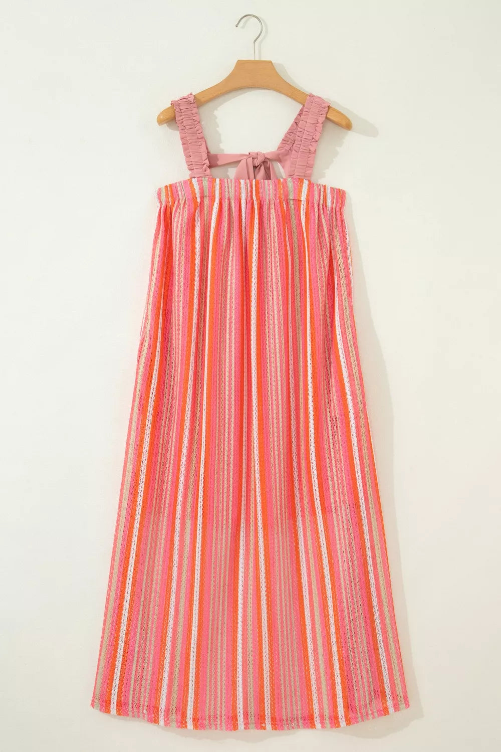Plush Fashion Hub Stripe Ruffled Straps Ribbon Knot Flowing Vacation Maxi Dress, lightweight fabric, with ruffle details and ribbon knot accents.