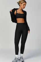 Fitglutes Activewear 3-piece sports bra, jacket, and leggings set designed for gym and workout activities.