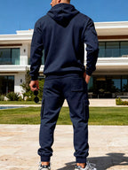 Plus size men's full zip hoodie and cargo pants set by Shopimist, featuring a comfortable half-zip top and practical cargo pants.