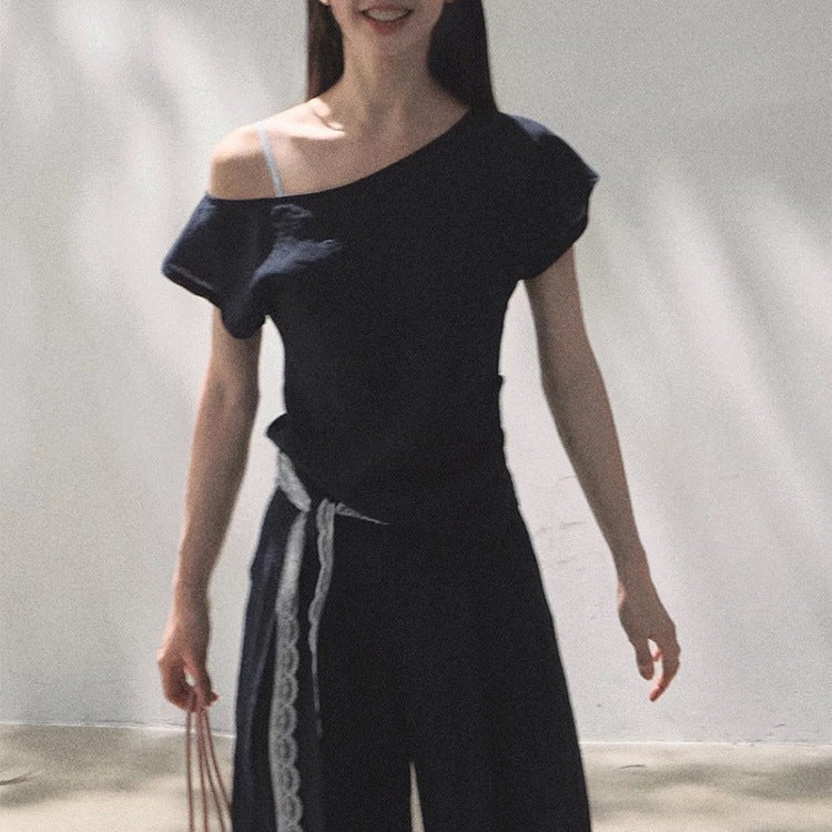 Linen off-shoulder asymmetric casual set by FitiqueFit in two colors, featuring relaxed fit and stylish design for everyday wear.