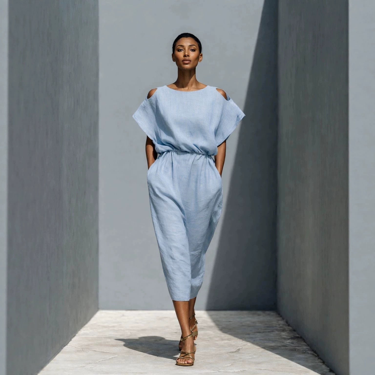 Women's off-shoulder batwing sleeve maxi dress by FitiqueFit with elastic waist and flowy silhouette, shown on model.