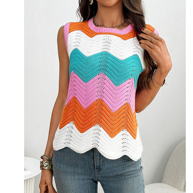Women’s rainbow-striped cropped sweater vest by FitiqueFit, casualwear style, showing vibrant rainbow stripes and sleeveless design.