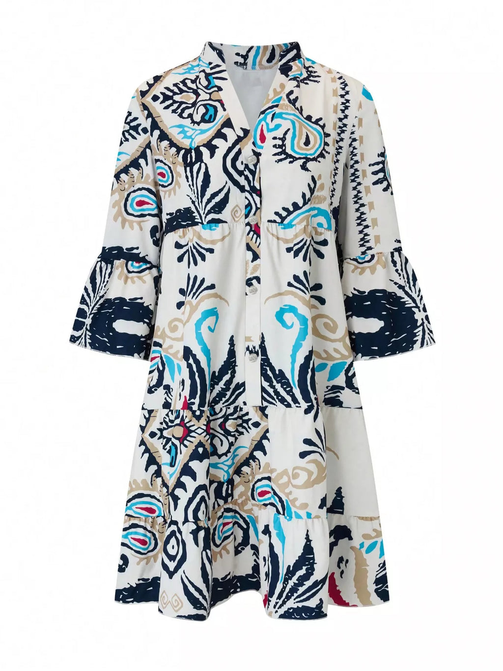 Bohemian print tiered mini dress by Shopimist featuring colorful patterns and a flowy, layered design perfect for summer wear.
