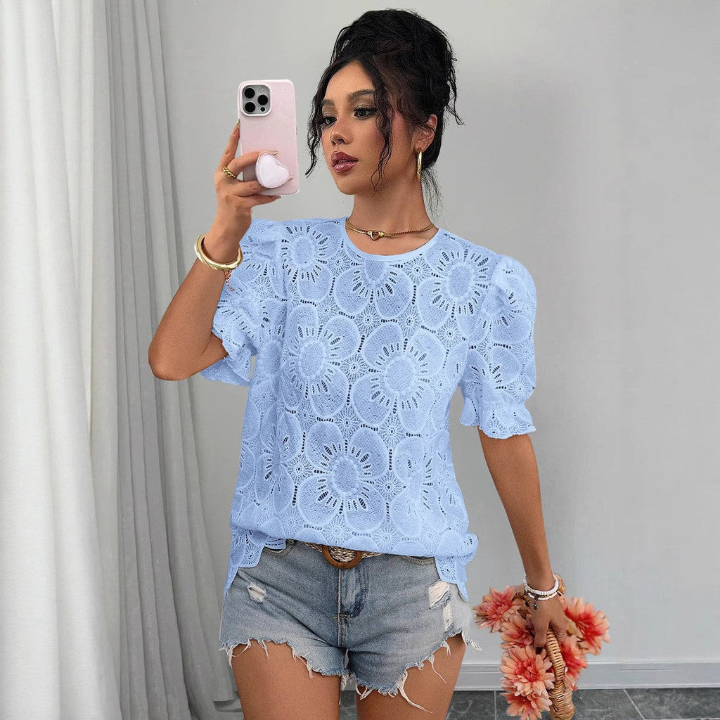 Women's hollow-out lace puff-sleeve shirt top by Plush Fashion Hub, featuring loose fit and casual style with intricate lace details.