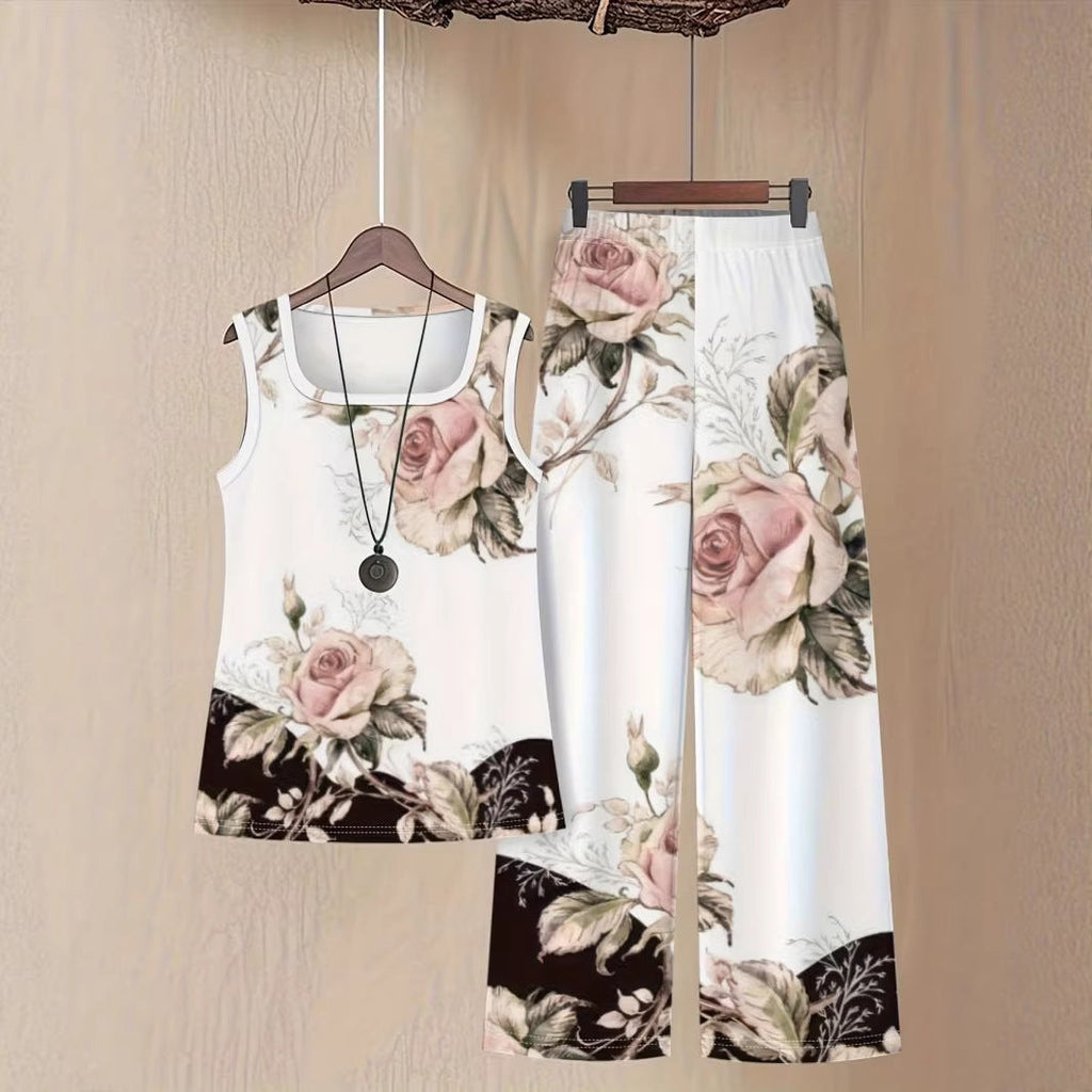 FitiqueFit Milk Silk 3D Print sleeveless tank top and trousers set, casualwear with a stylish 3D print design, soft milk silk fabric.
